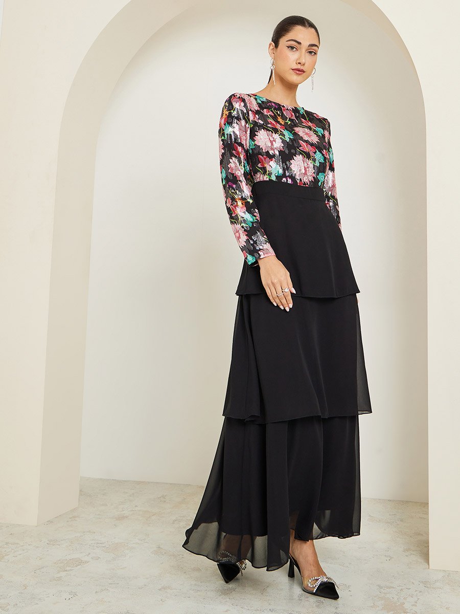 Floral Print Long Sleeve Tiered Maxi Dress