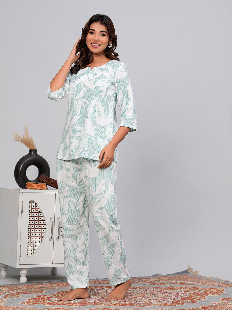 Women Leaf Print Top and Pyjama Set