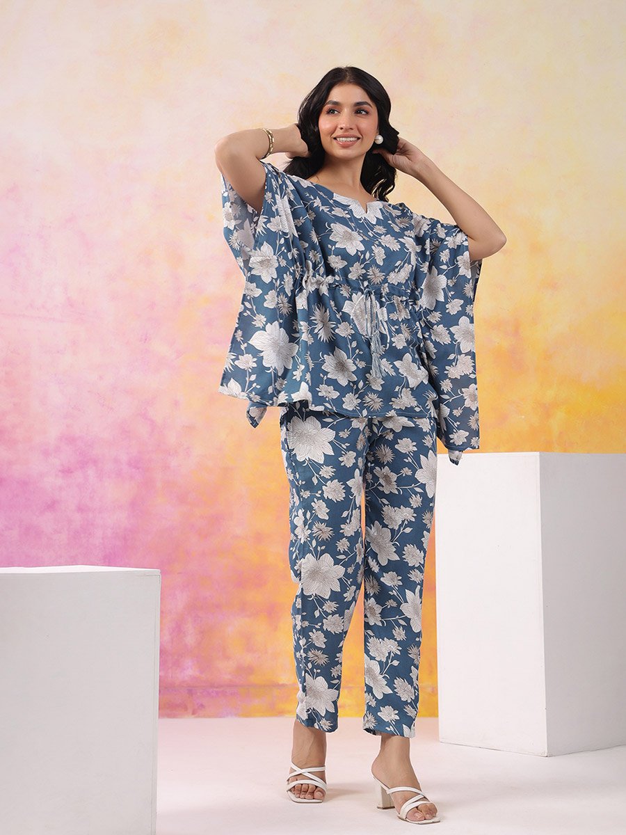 Women Rayon Printed Kaftan Top and Trousers Set