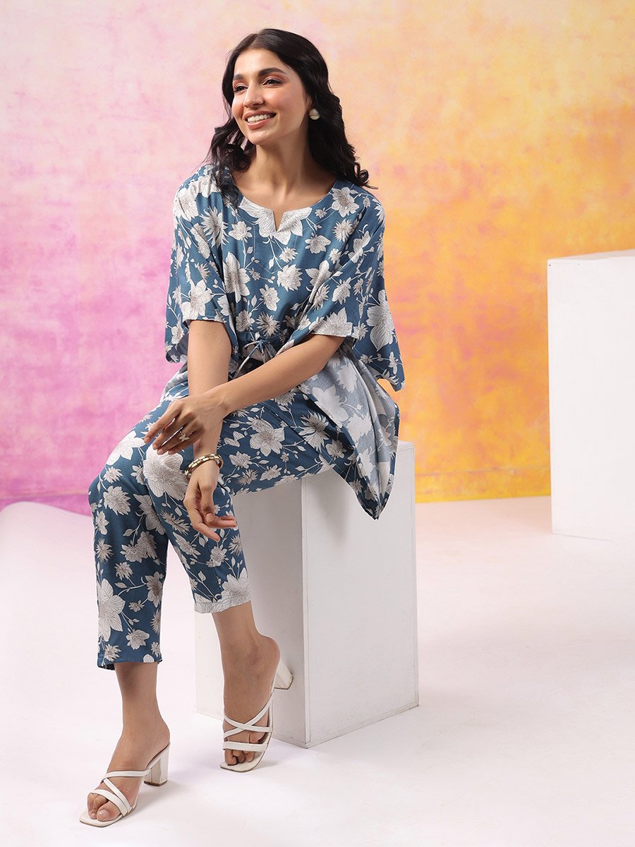 Women Rayon Printed Kaftan Top and Trousers Set