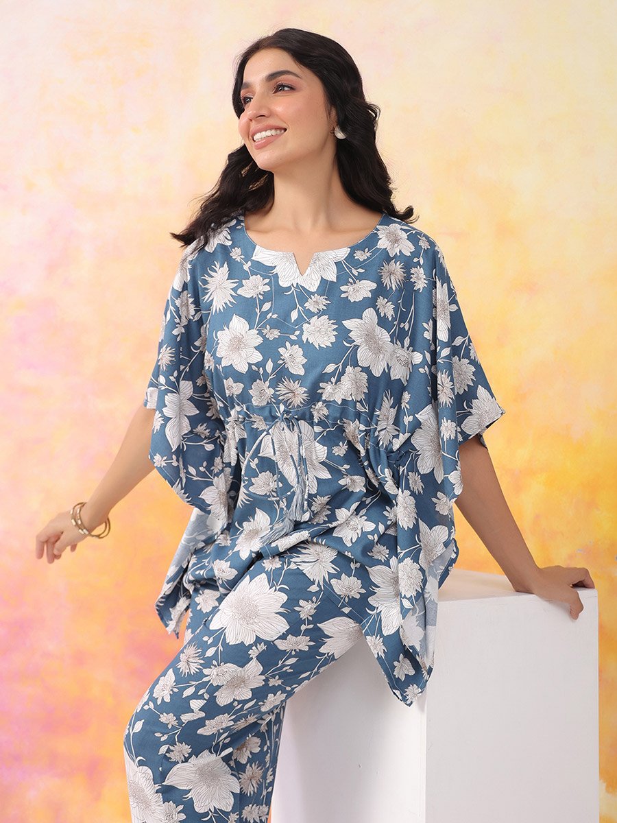 Women Rayon Printed Kaftan Top and Trousers Set