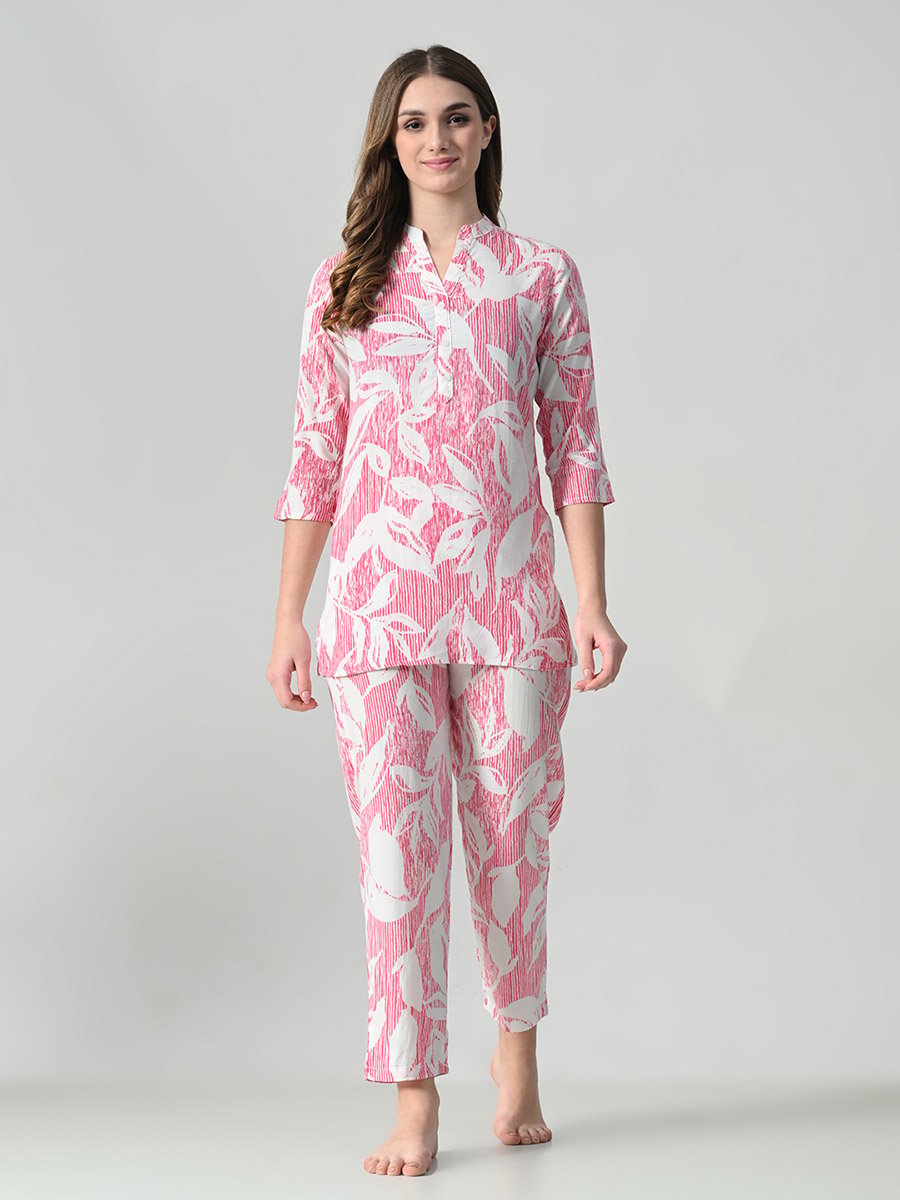 Women Leaf Print Top and Pyjama Set