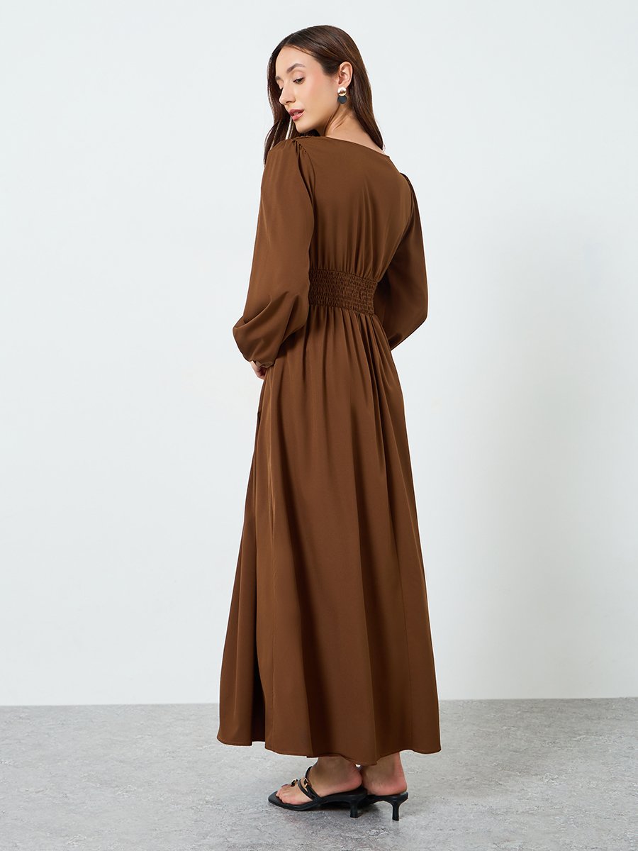 Women Solid Balloon Sleeves Maxi Dress