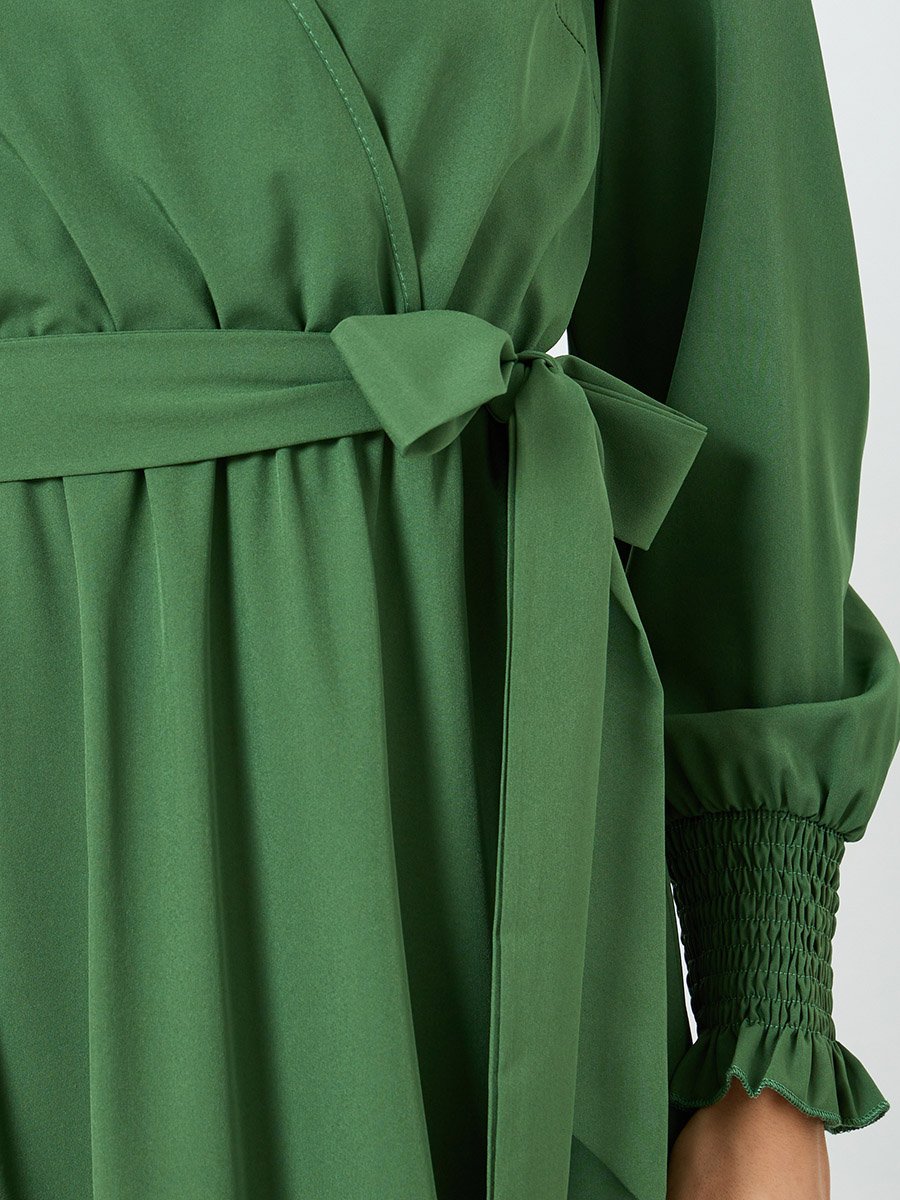 Women Solid V Neck Midi Dress with Tie Belt