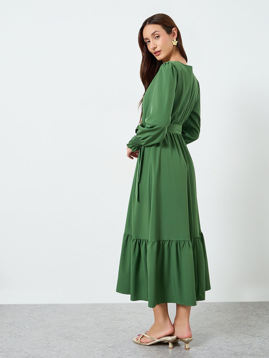 Women Solid V Neck Midi Dress with Tie Belt