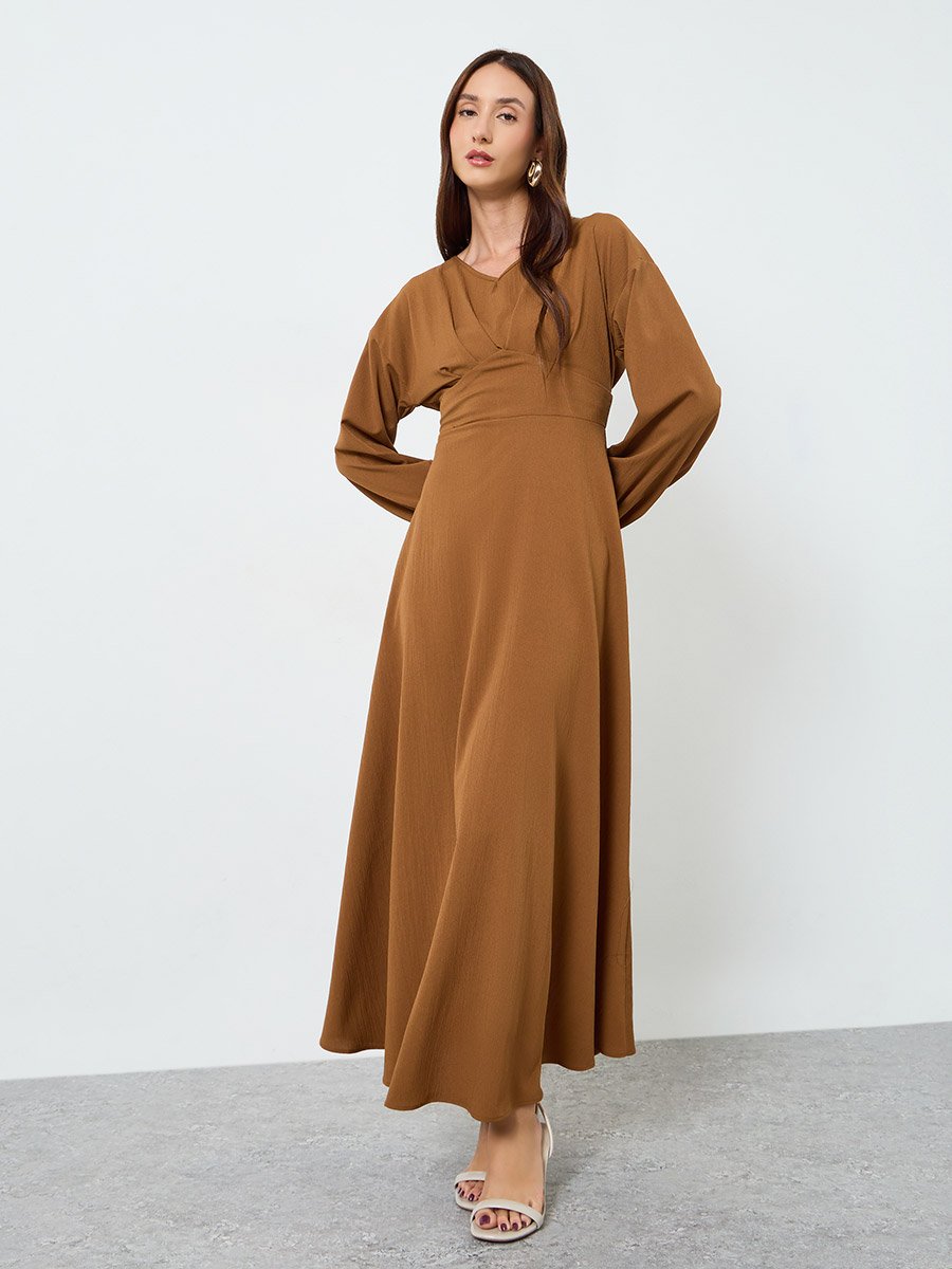 Women Solid V Neck Fitted Waist Maxi Dress
