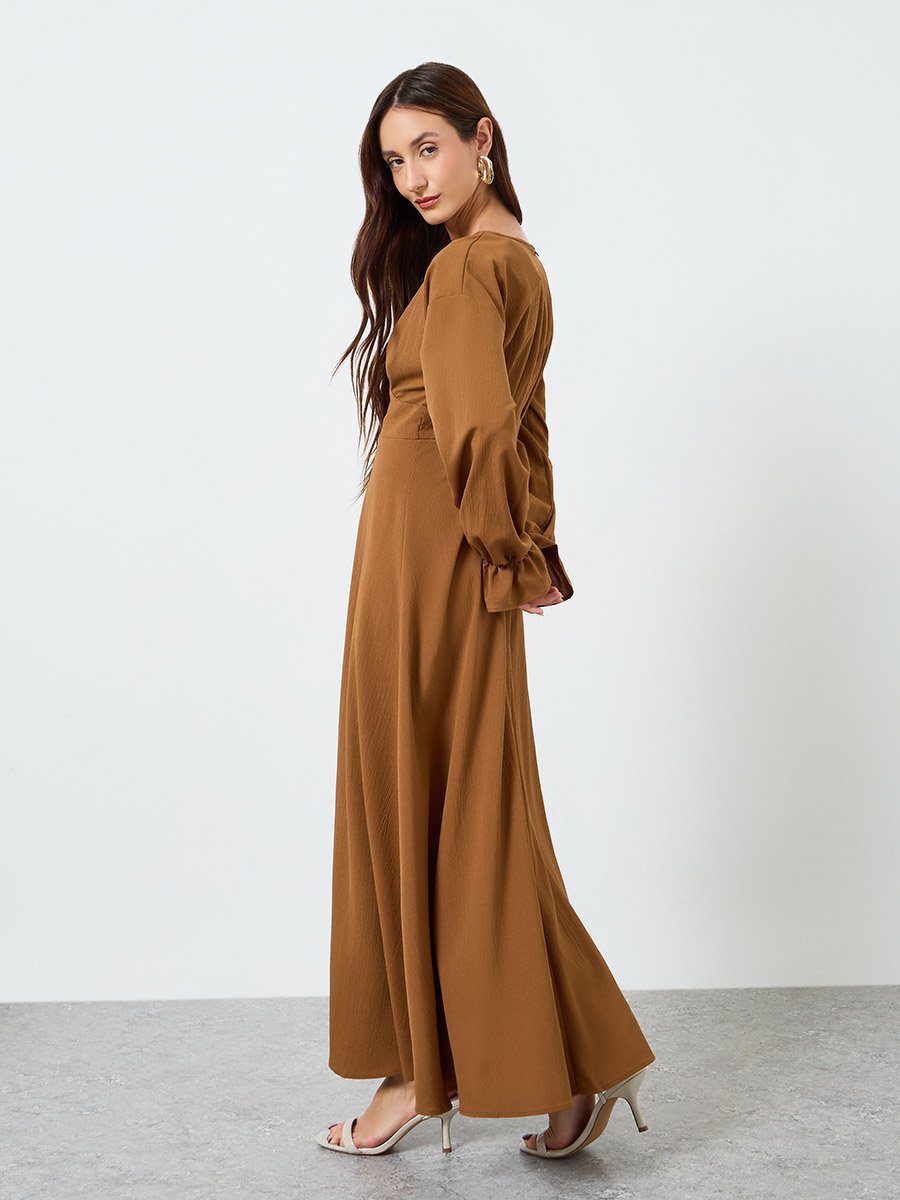 Women Solid V Neck Fitted Waist Maxi Dress