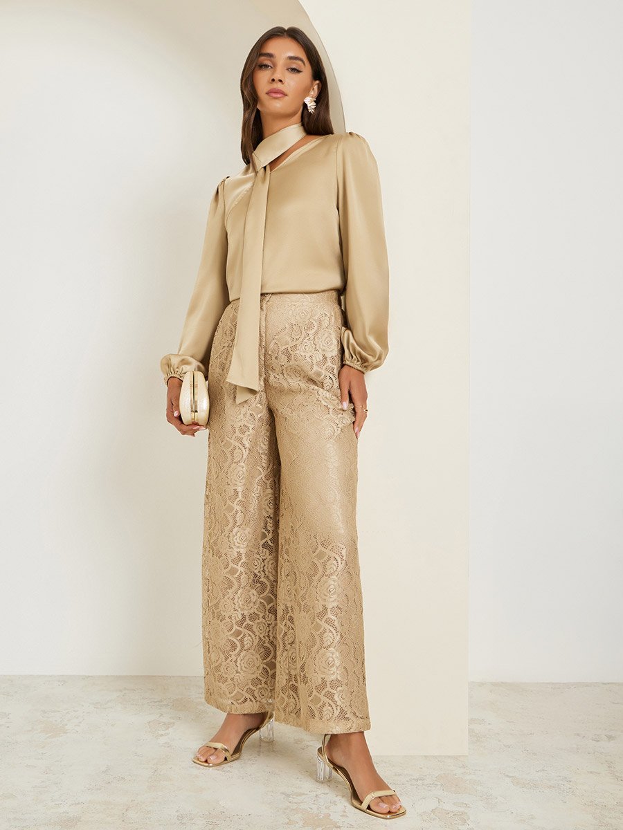Women Beige Lace Wide Leg Trousers