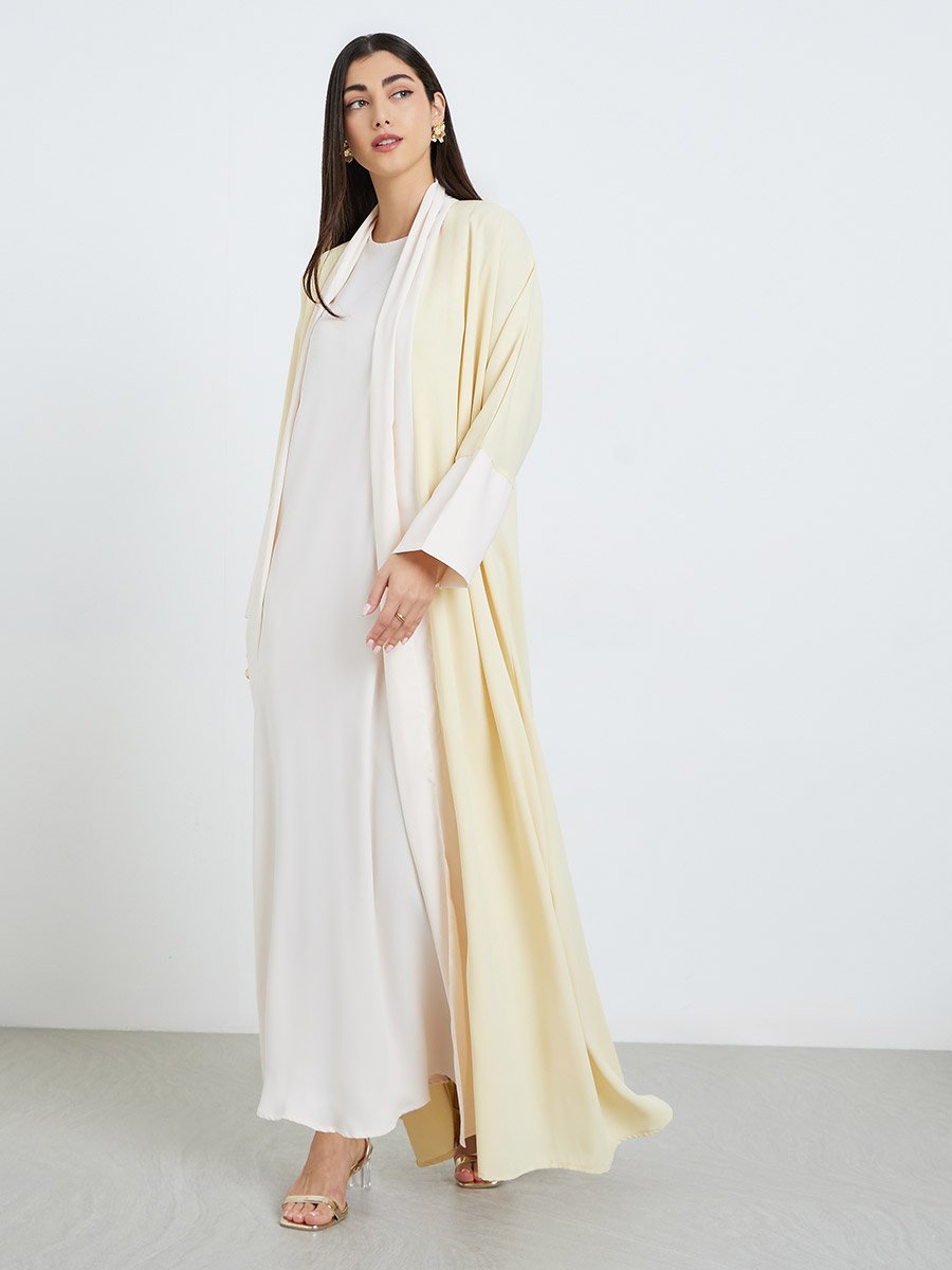 Women Yellow Abaya with Inner Dress and Hijab Set