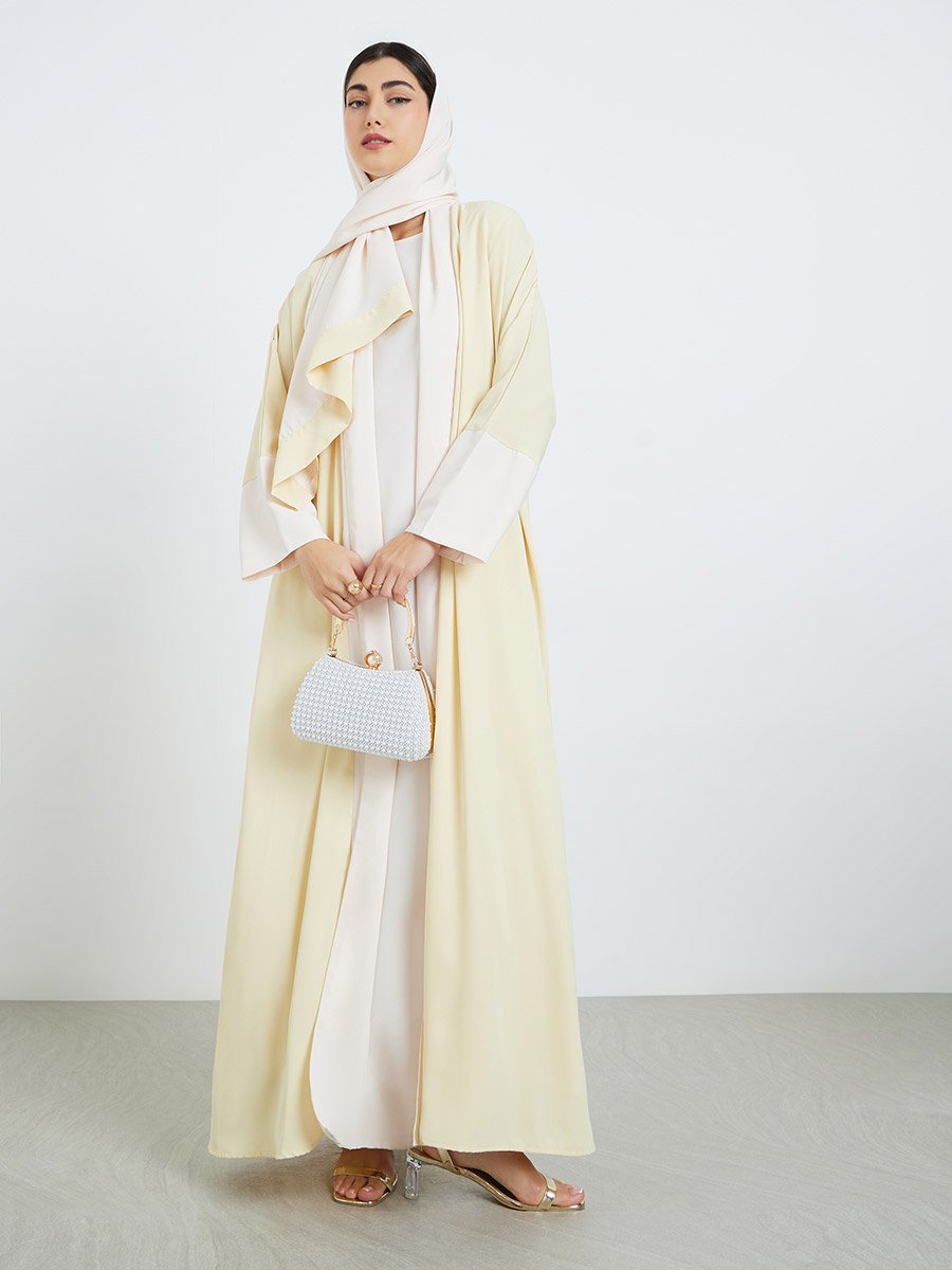Women Yellow Abaya with Inner Dress and Hijab Set