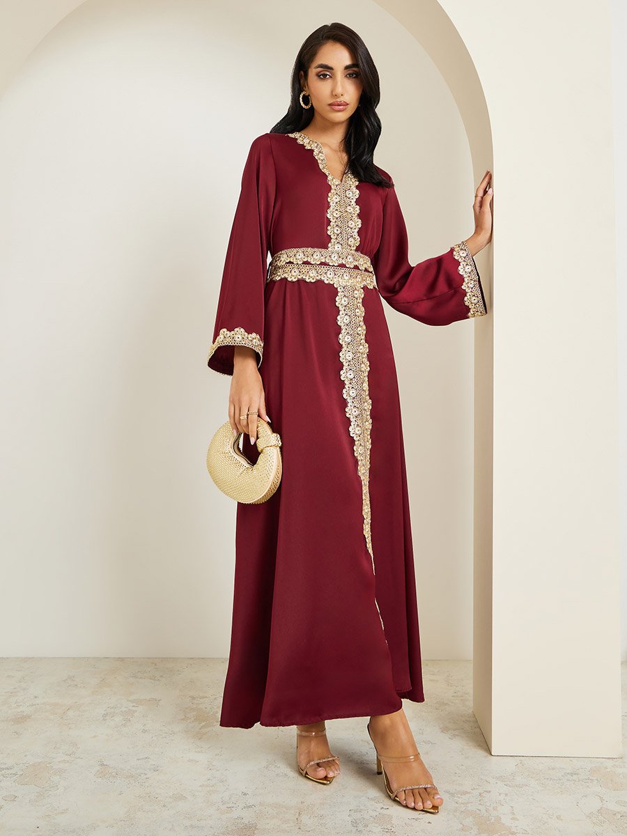 Women Burgundy Gold Embroidery Kaftan