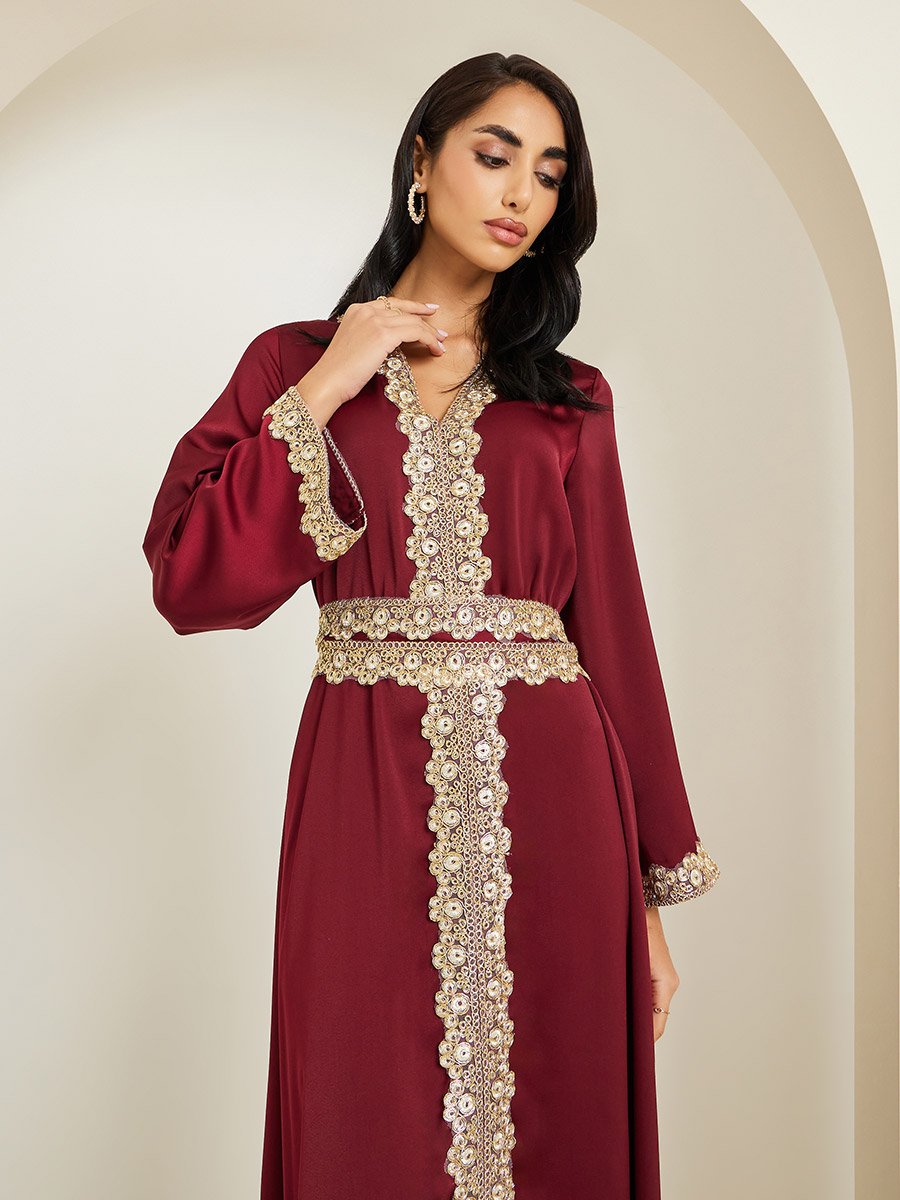 Women Burgundy Gold Embroidery Kaftan