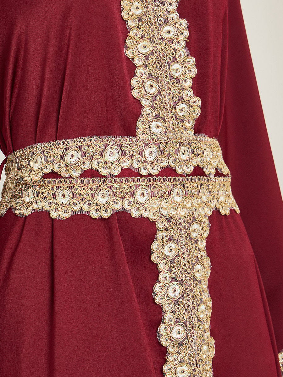 Women Burgundy Gold Embroidery Kaftan