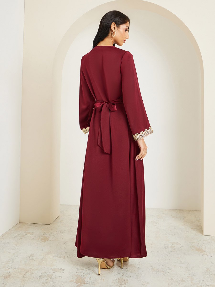 Women Burgundy Gold Embroidery Kaftan