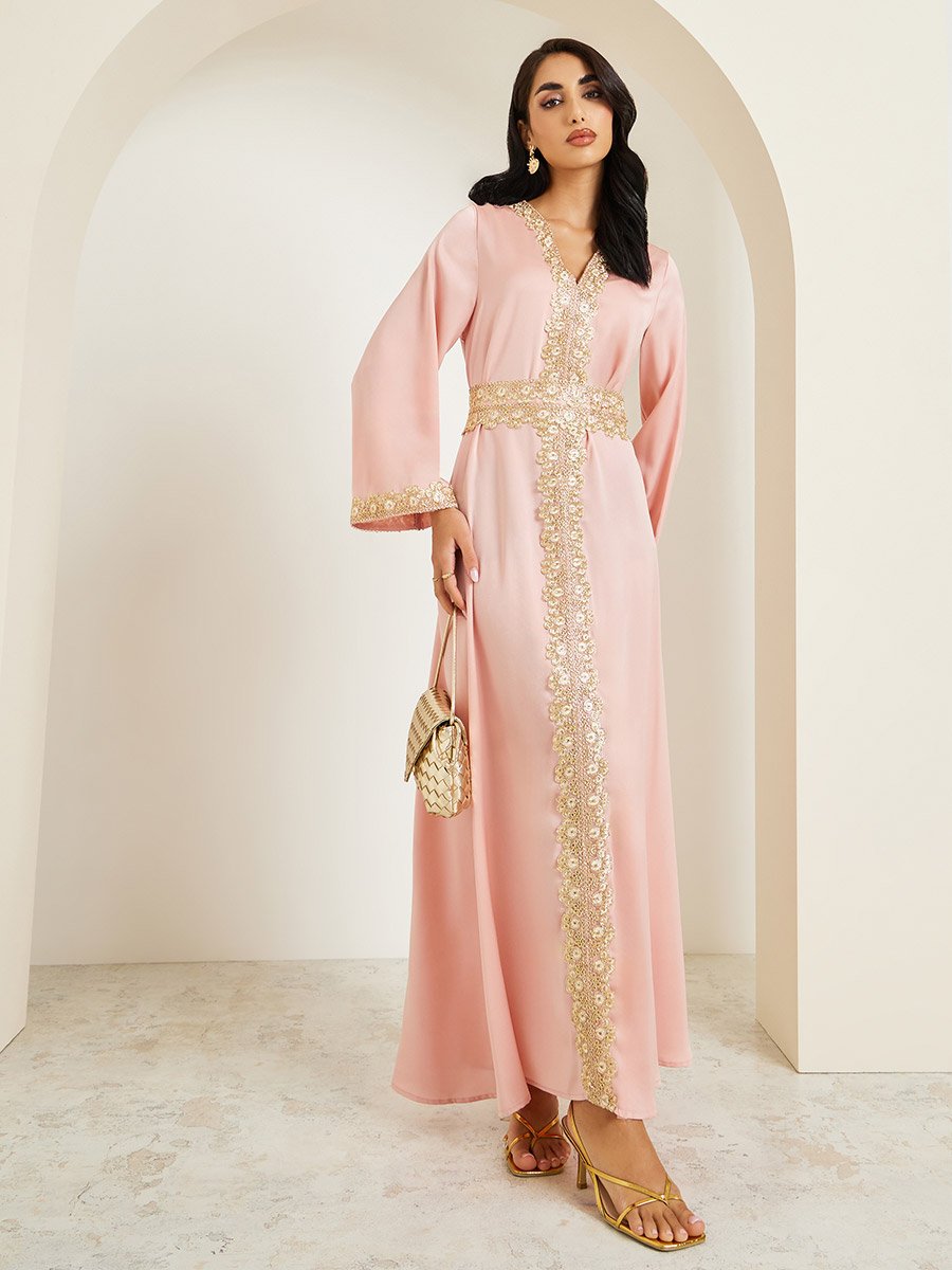 Women Peach Gold Embroidery Kaftan