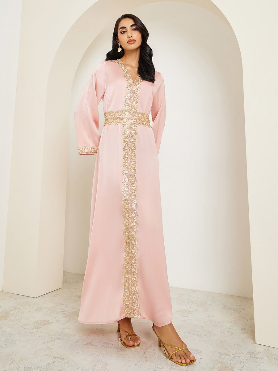 Women Peach Gold Embroidery Kaftan