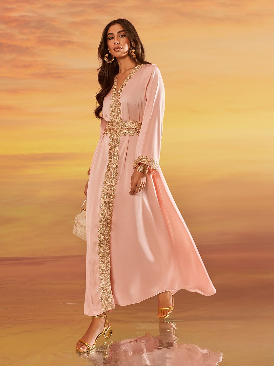 Women Peach Gold Embroidery Kaftan