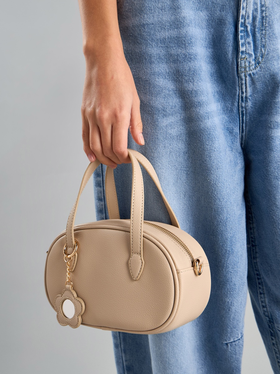 Textured Crossbody Bag with Detachable Strap and Zip Closure