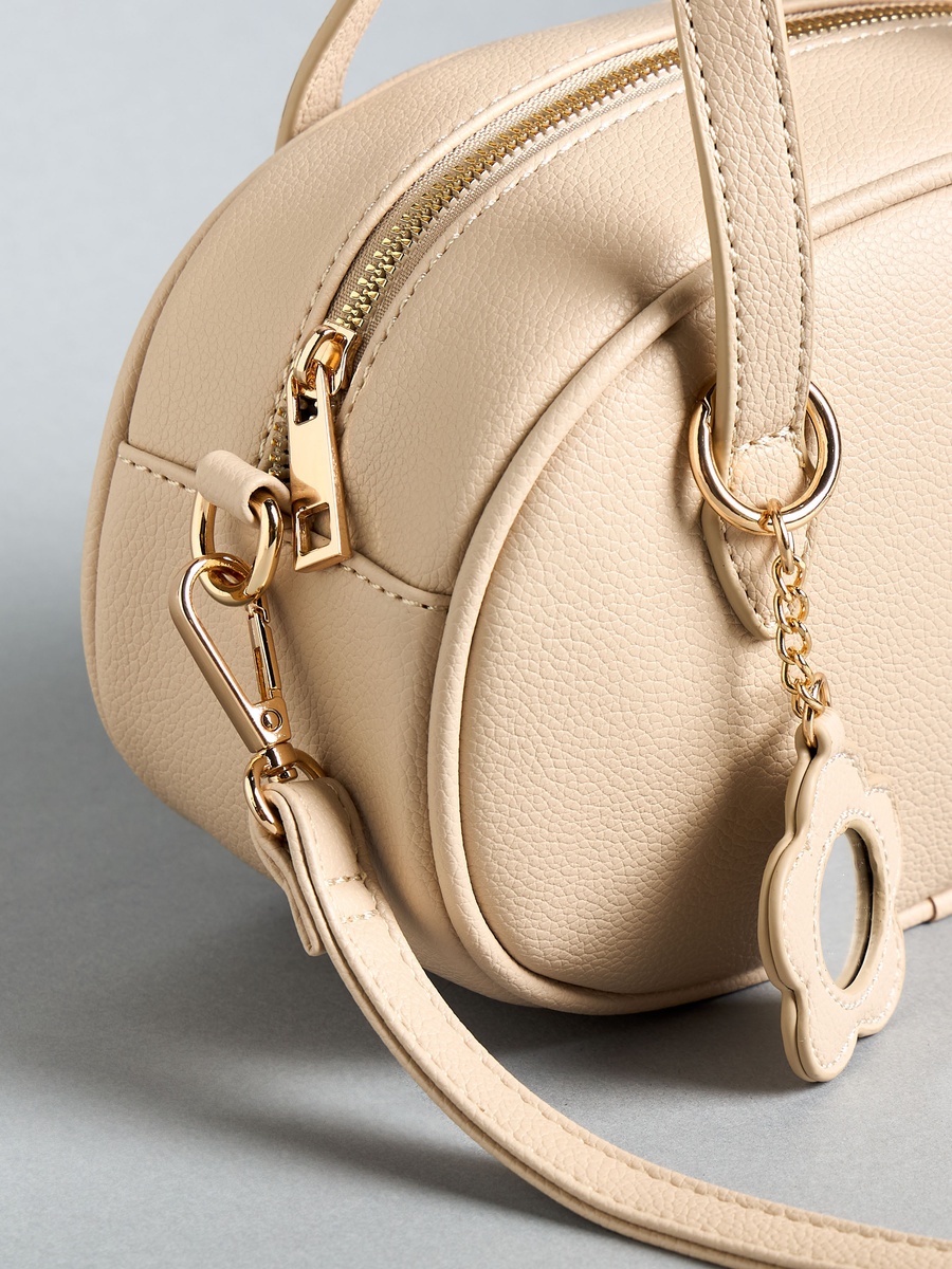 Textured Crossbody Bag with Detachable Strap and Zip Closure