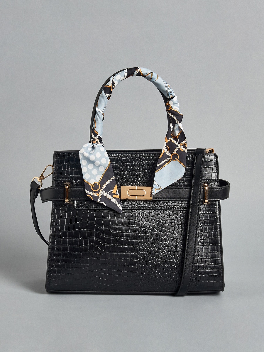 Textured Scarf Detail Tote Bag with Detachable Strap