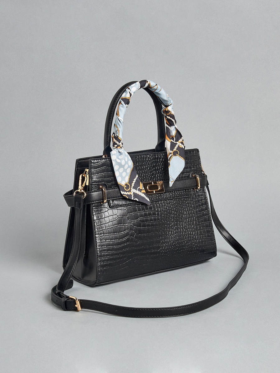Textured Scarf Detail Tote Bag with Detachable Strap