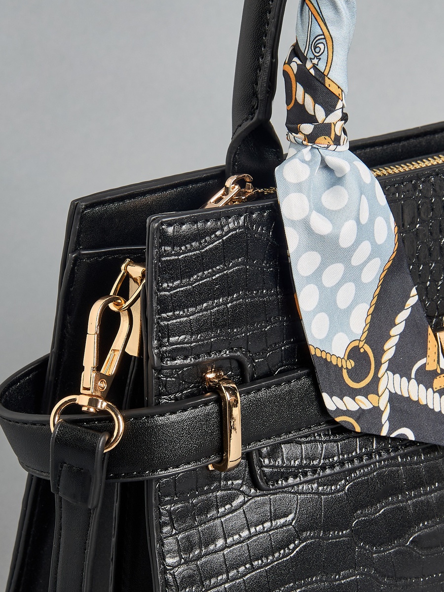 Textured Scarf Detail Tote Bag with Detachable Strap