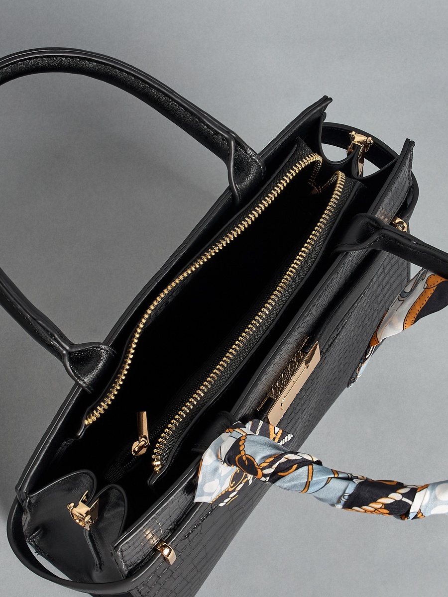 Textured Scarf Detail Tote Bag with Detachable Strap