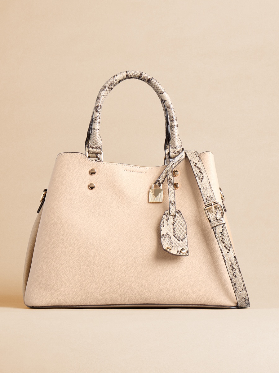 Tote Bag with Animal Print Strap and Button Closure