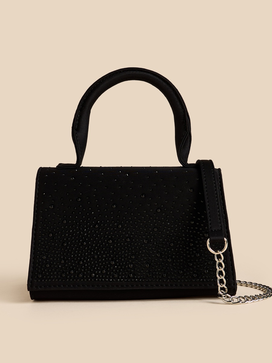 Embellished Crossbody Bag with Top Handle and Detachable Strap