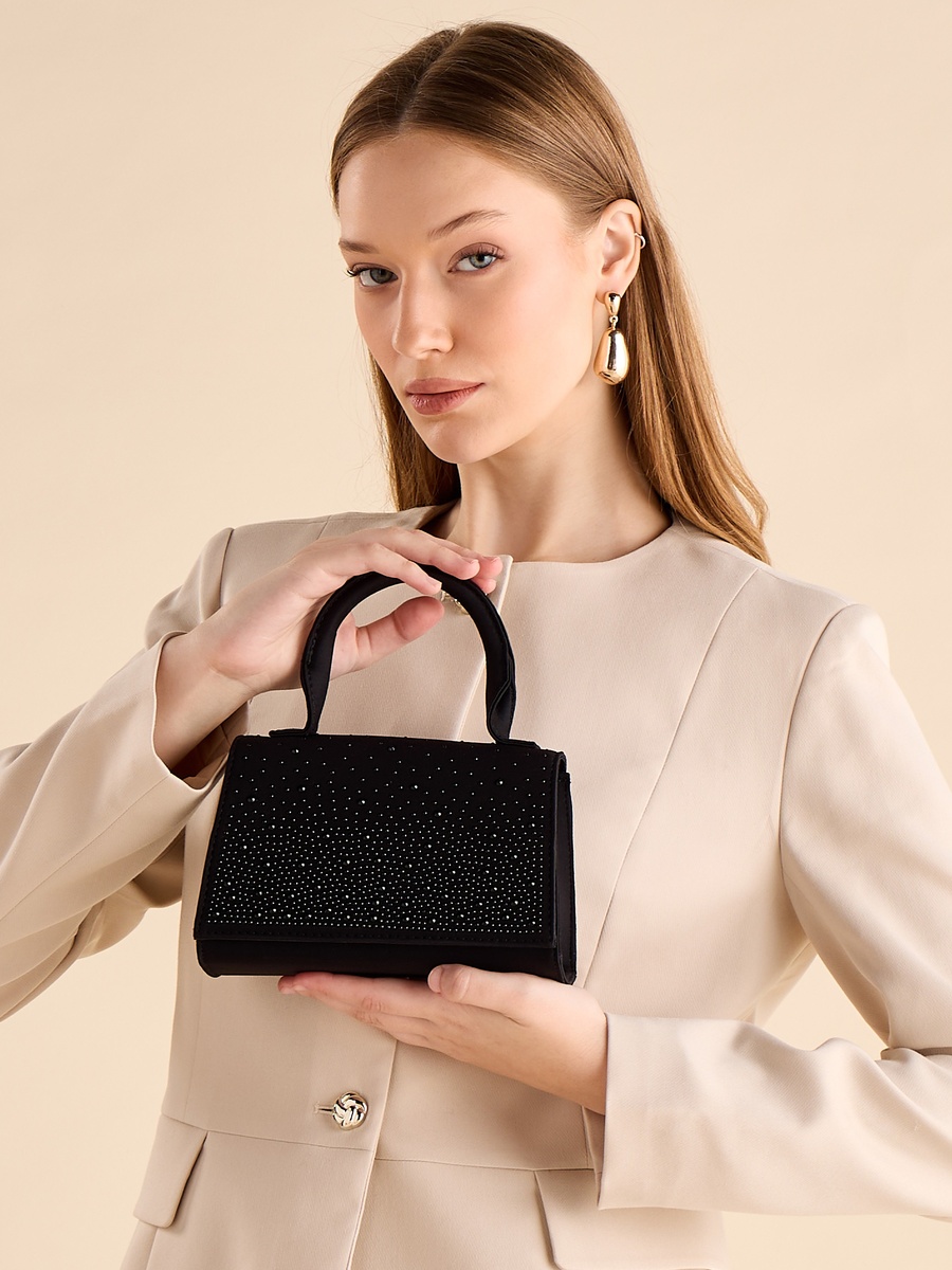 Embellished Crossbody Bag with Top Handle and Detachable Strap