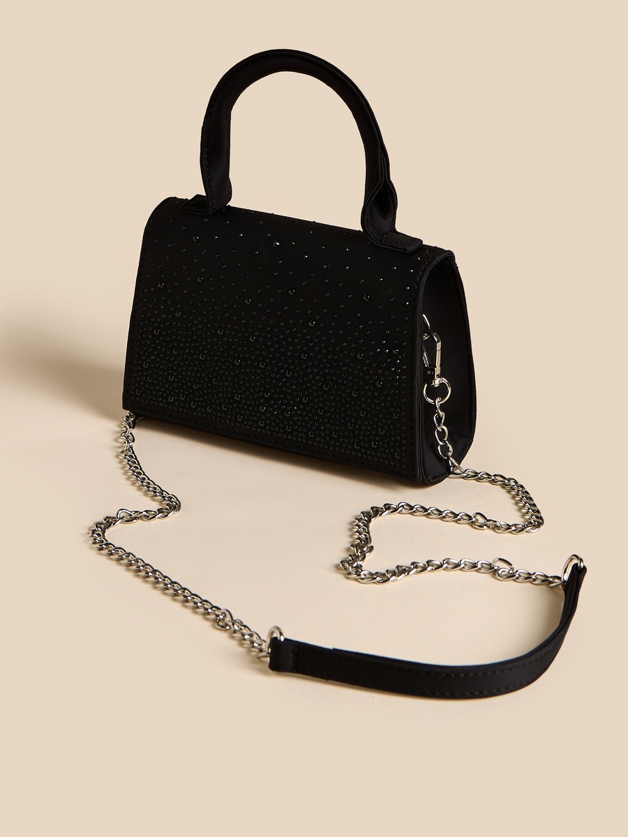 Embellished Crossbody Bag with Top Handle and Detachable Strap