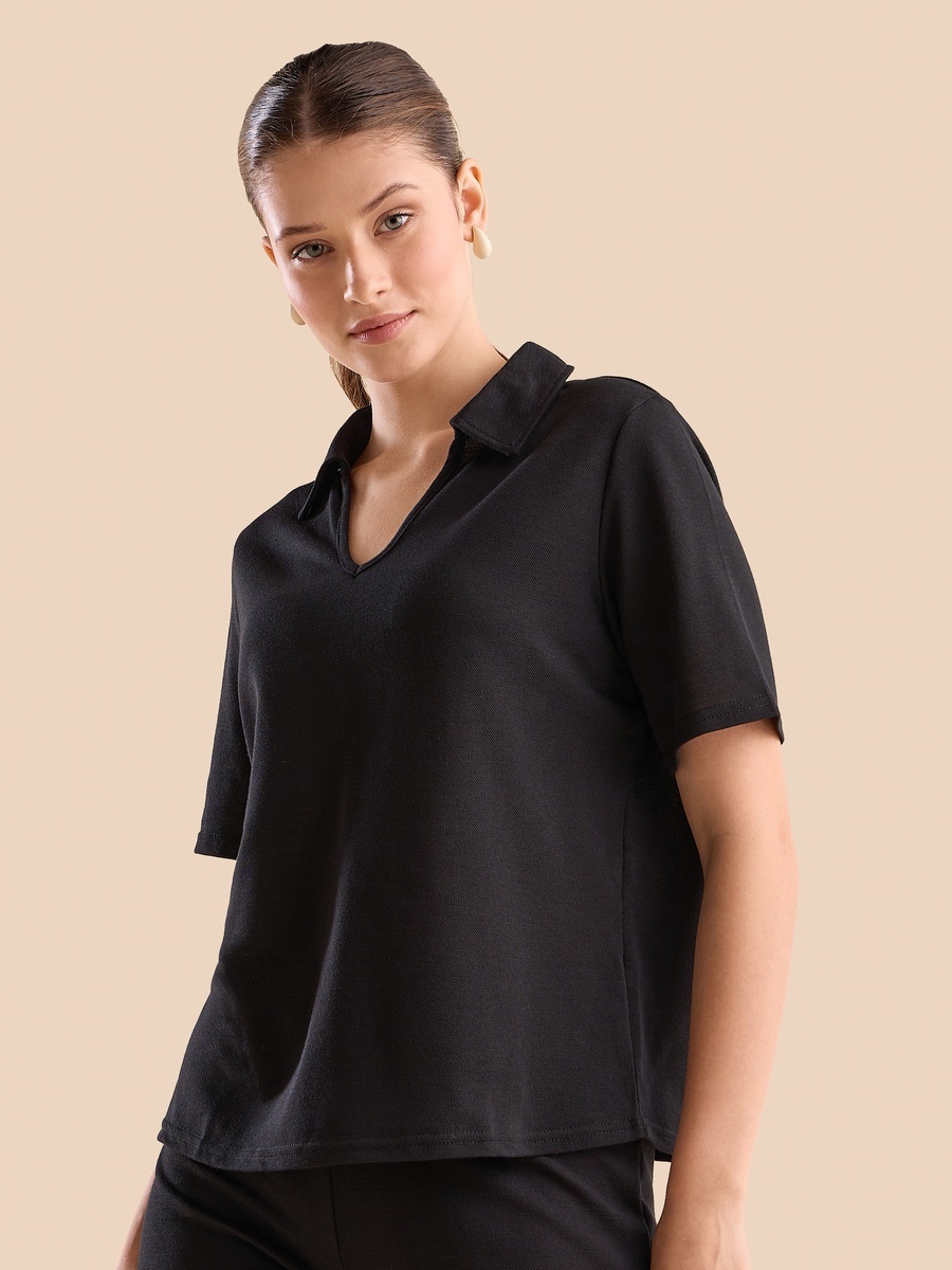 Plain Collared V Neck Top