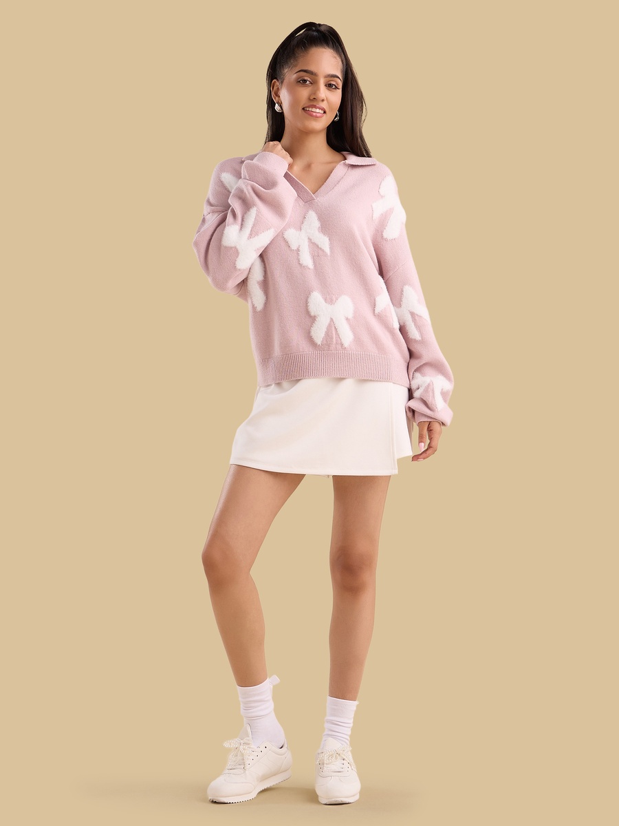 Bow Textured Collared Sweater