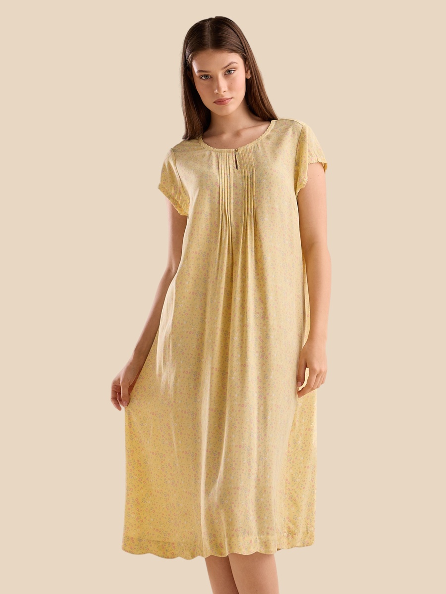 Floral Print Night Dress with Pintuck Detail