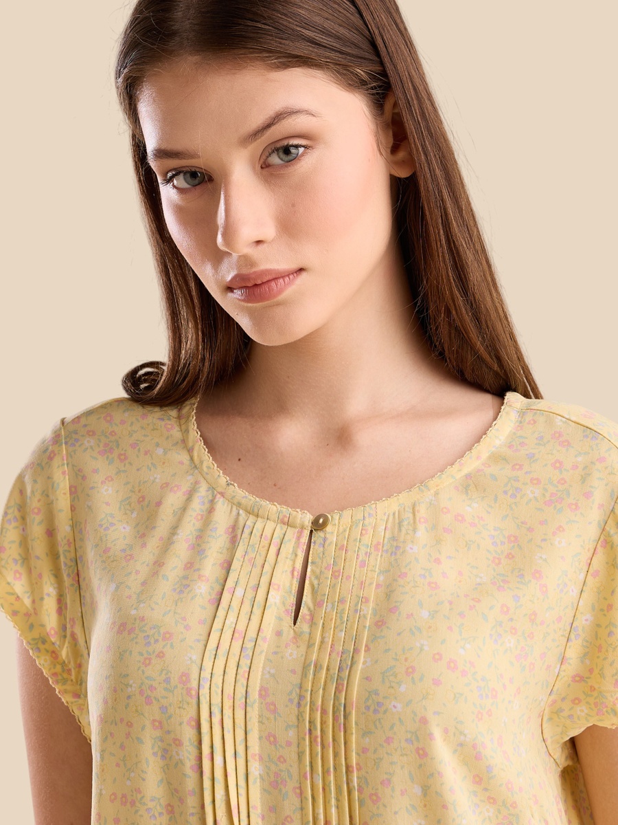 Floral Print Night Dress with Pintuck Detail