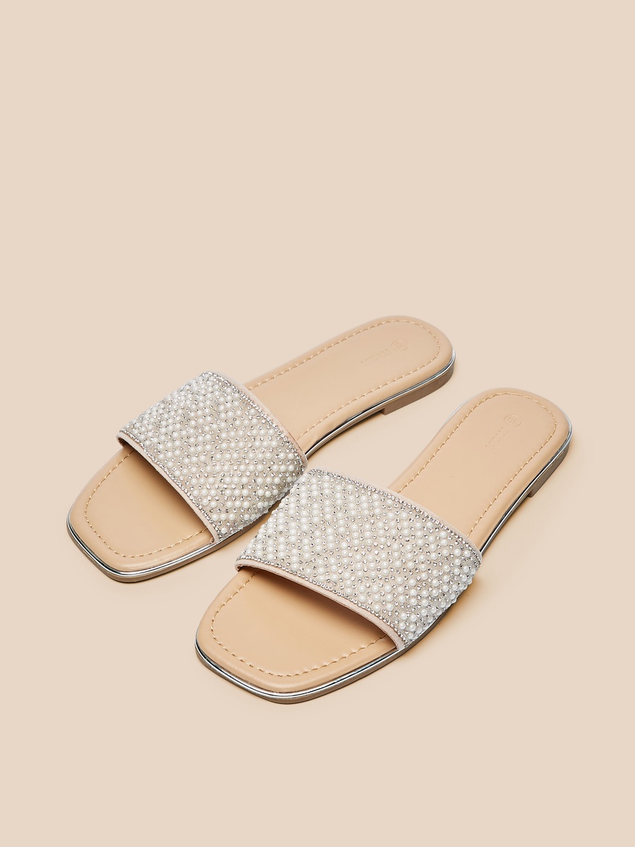 Pearl Embellished Slip-On Slide Sandals