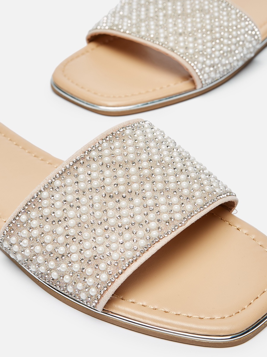 Pearl Embellished Slip-On Slide Sandals
