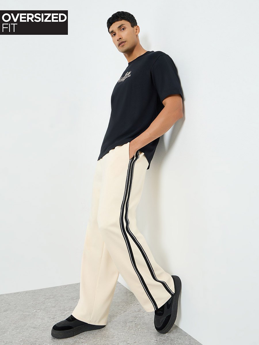 Men Cream Side Taping Striped Oversized Joggers