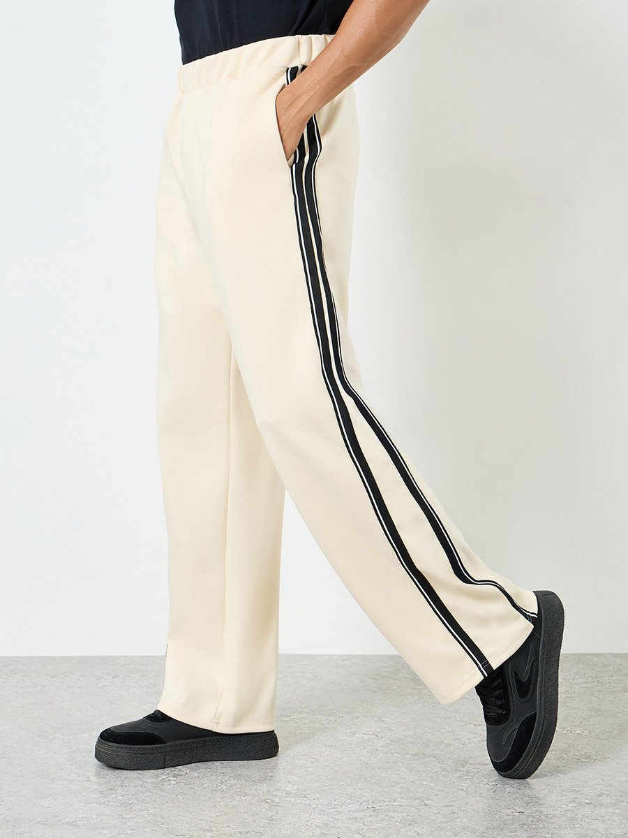 Men Cream Side Taping Striped Oversized Joggers