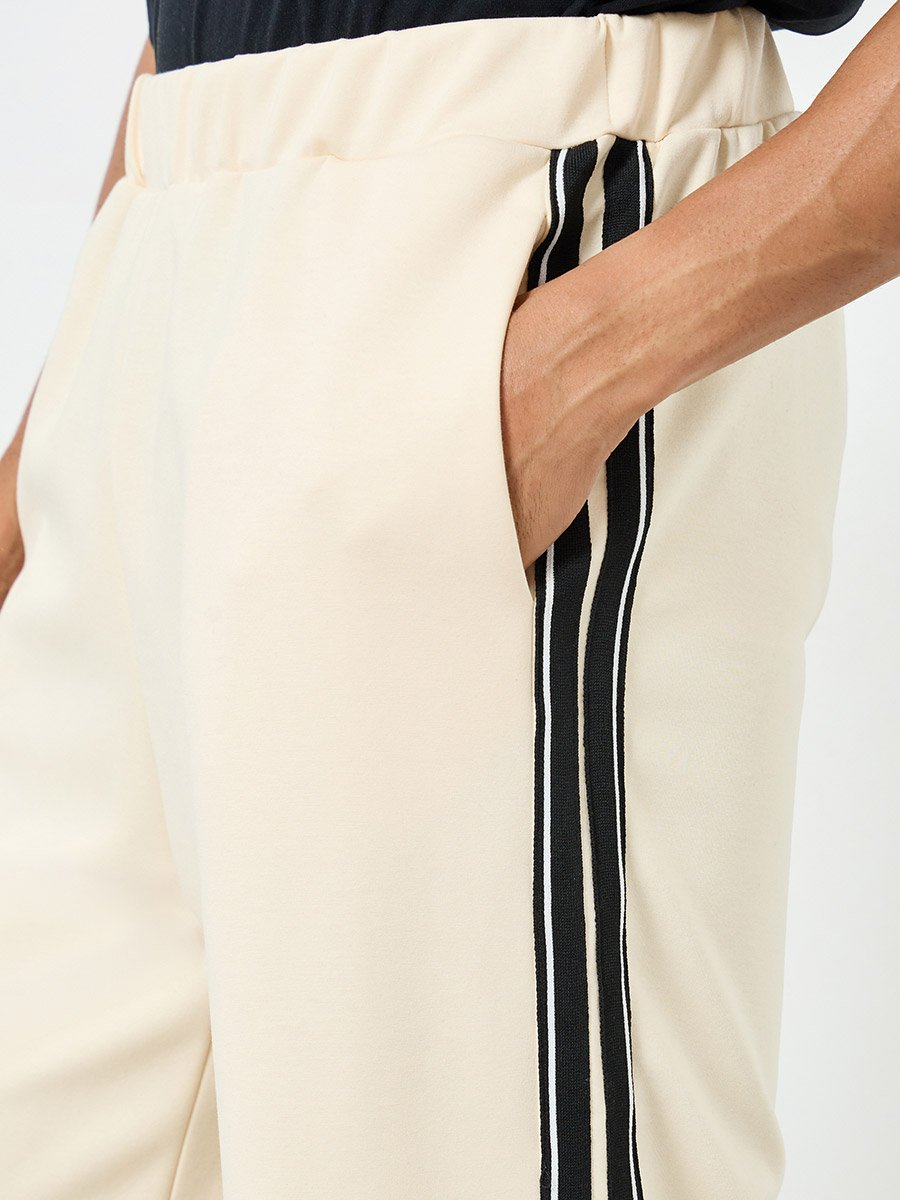 Men Cream Side Taping Striped Oversized Joggers