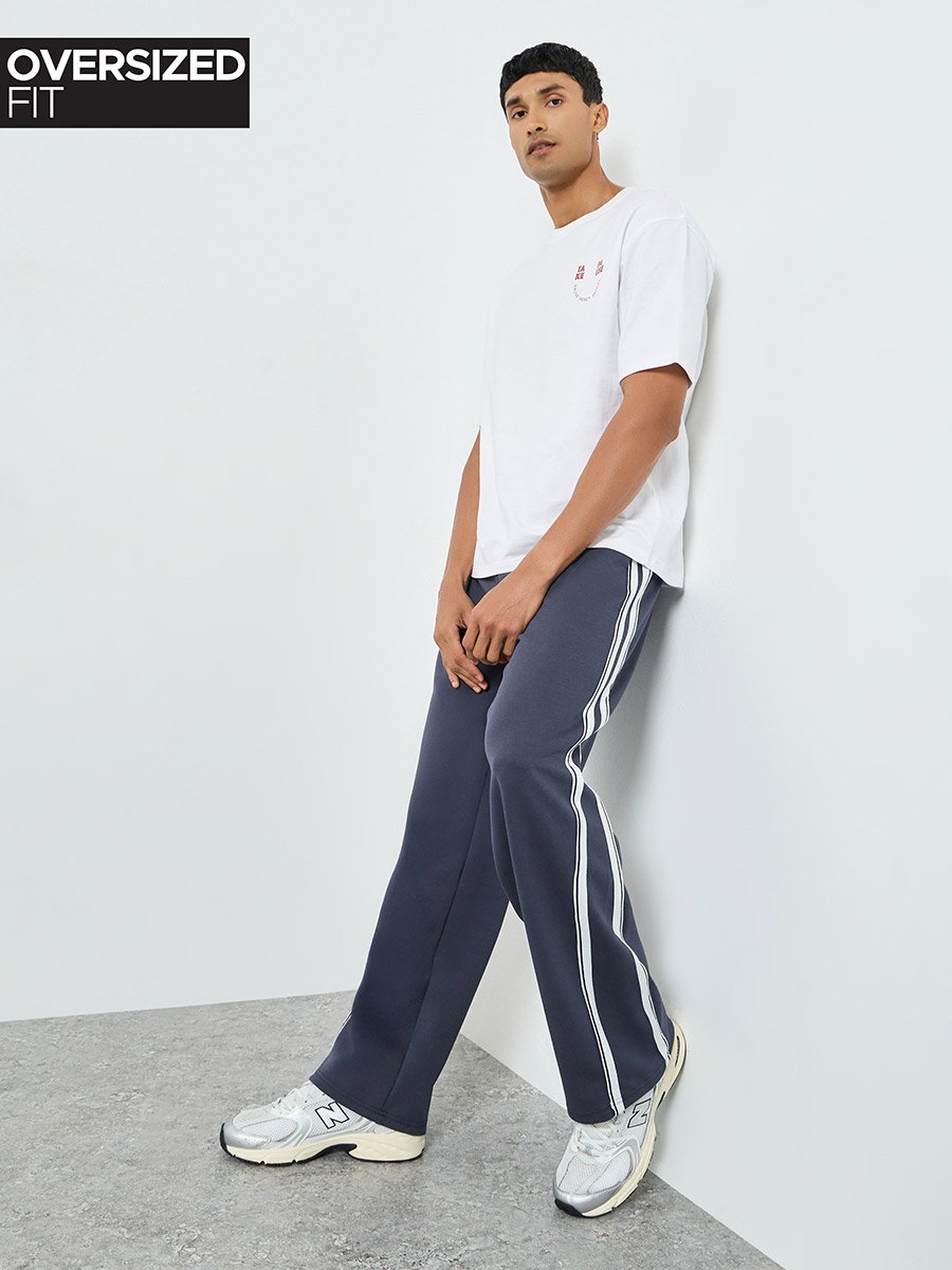 Men Navy Side Taping Striped Oversized Joggers