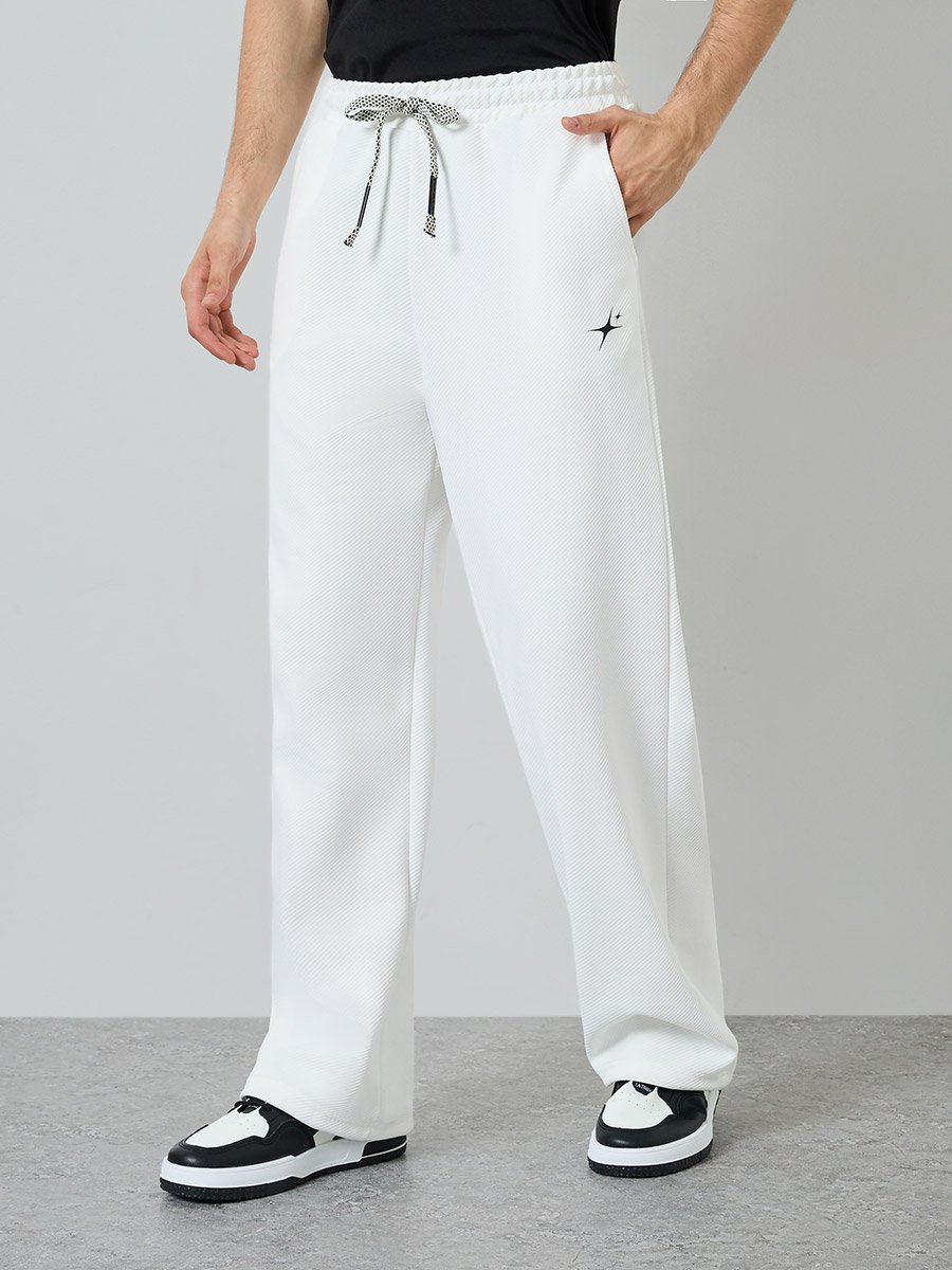 Men White Embroidered Relaxed Fit Joggers 