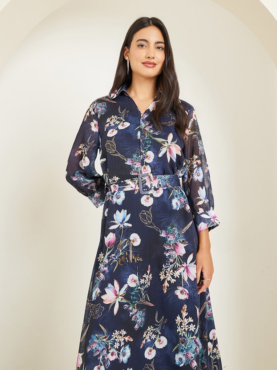 Black Floral Print A-Line Maxi Dress with Belt For Women at Kuwait | Styli Black Floral Print A-Line Maxi Dress with Belt For Women at Kuwait | Styli