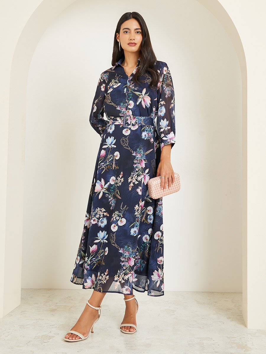 Black Floral Print A-Line Maxi Dress with Belt