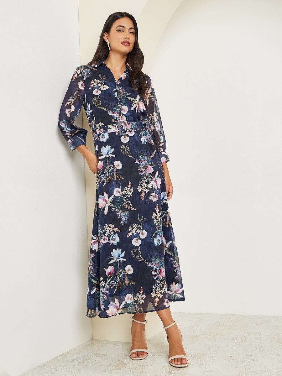 Black Floral Print A-Line Maxi Dress with Belt