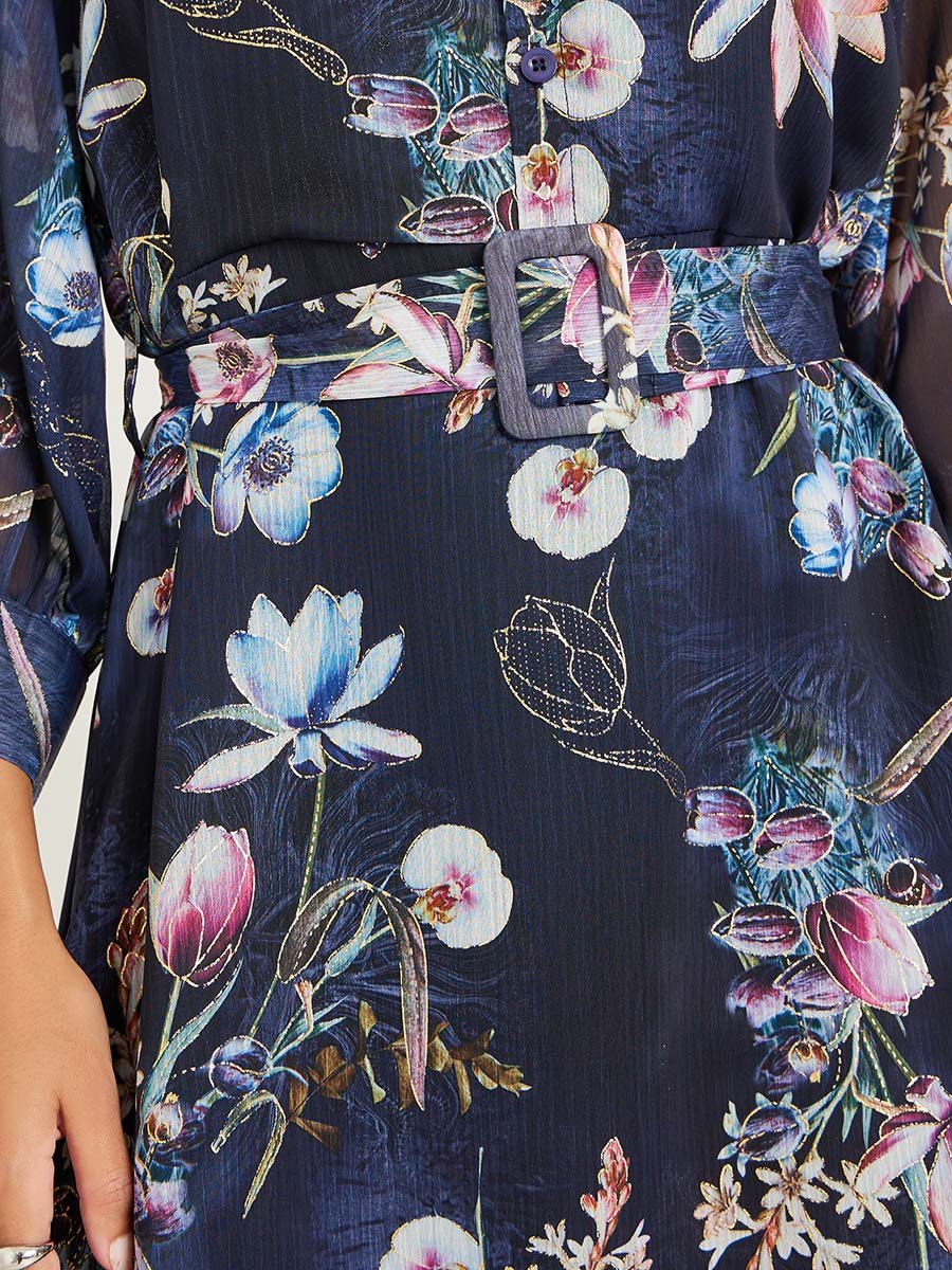 Black Floral Print A-Line Maxi Dress with Belt