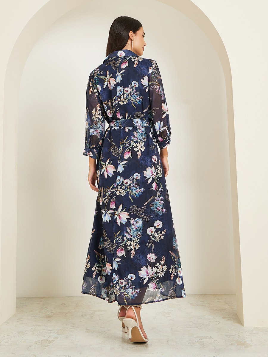 Black Floral Print A-Line Maxi Dress with Belt