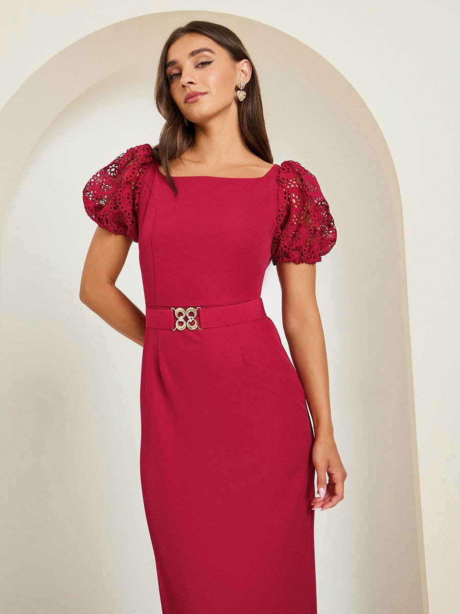 Women Square Neck Belted Sheath Maxi Dress