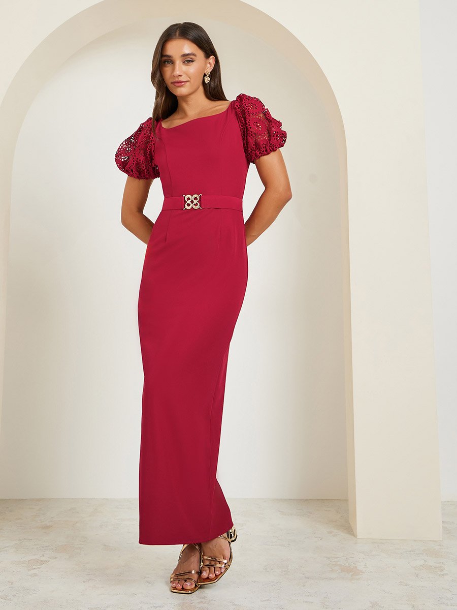 Women Square Neck Belted Sheath Maxi Dress