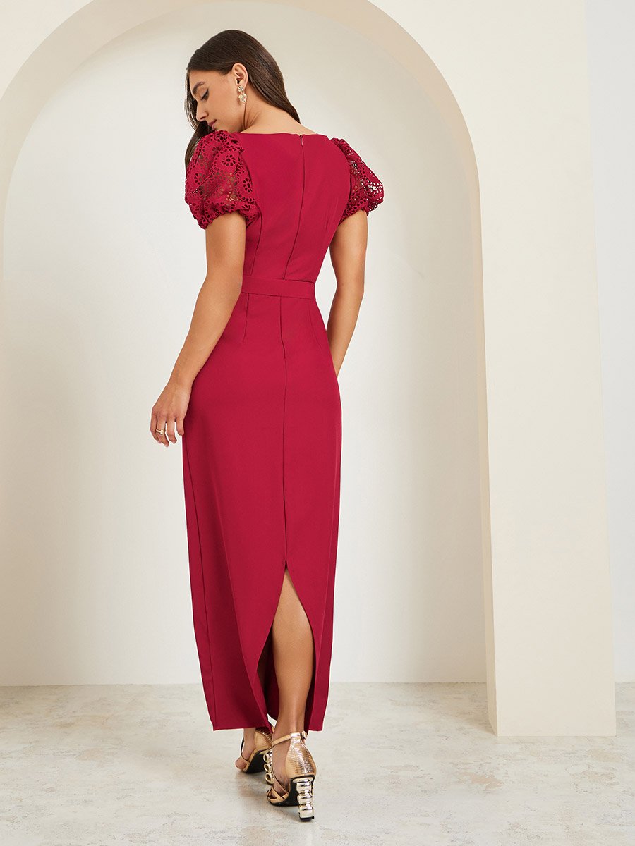 Women Square Neck Belted Sheath Maxi Dress